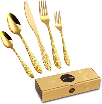 VIVANI 40-Piece Gold Silverware Set, Hammered Gold Flatware Set for 8, Stainless Steel Utensils Cutlery Set for Everyday Dining, Banquet Hosting & Weddings Gift