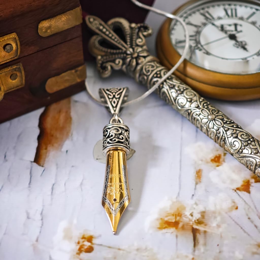Fountain Pen Nib Pendant for Writers & Teachers – Gold Tone Drop – Filigree Bail, 18" Silver-Plated Chain (Gold)