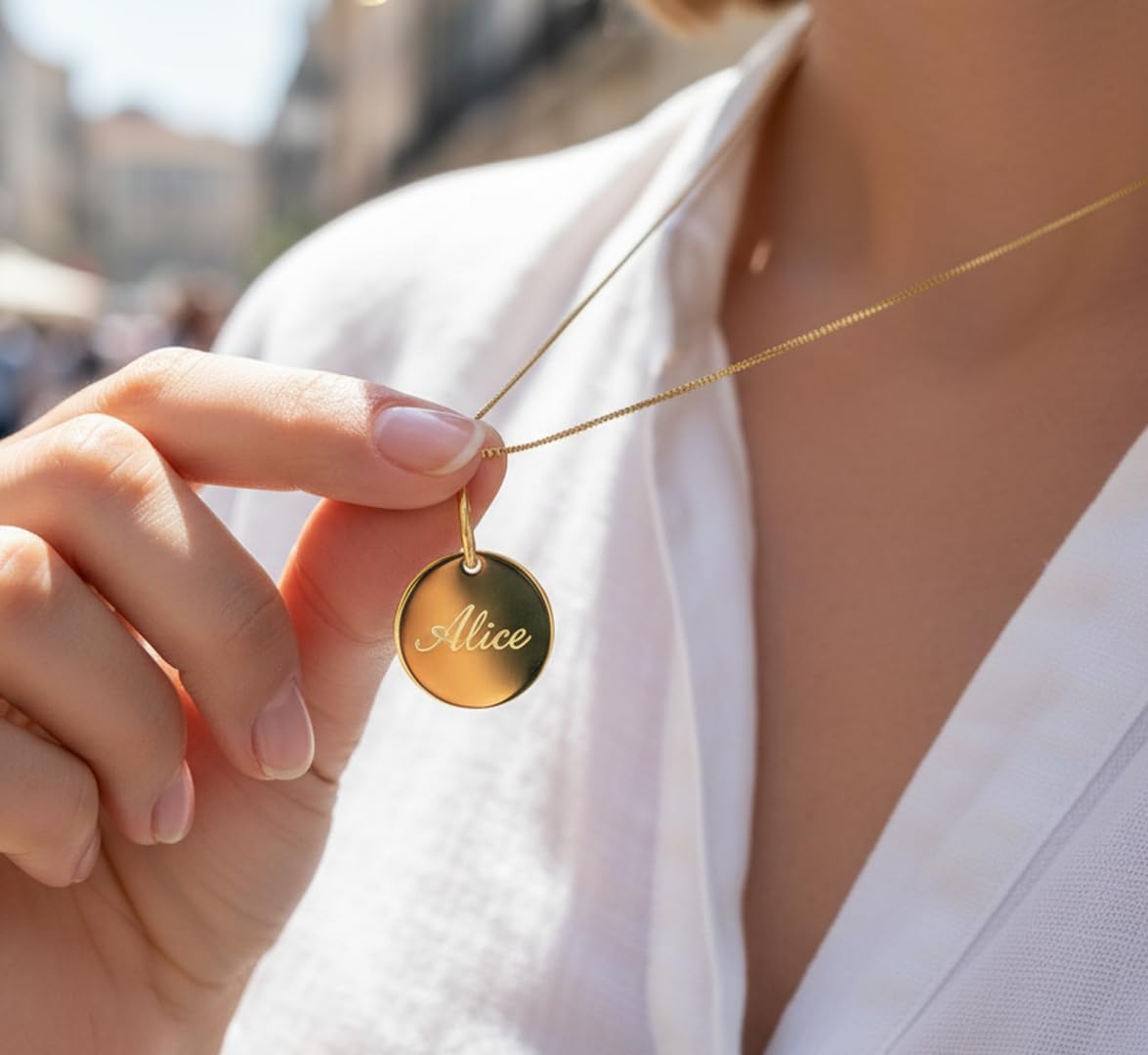 Collana con Medaglia Tonda Personalizzabile in Argento 925 Placcato Oro, Incisione Gratuita