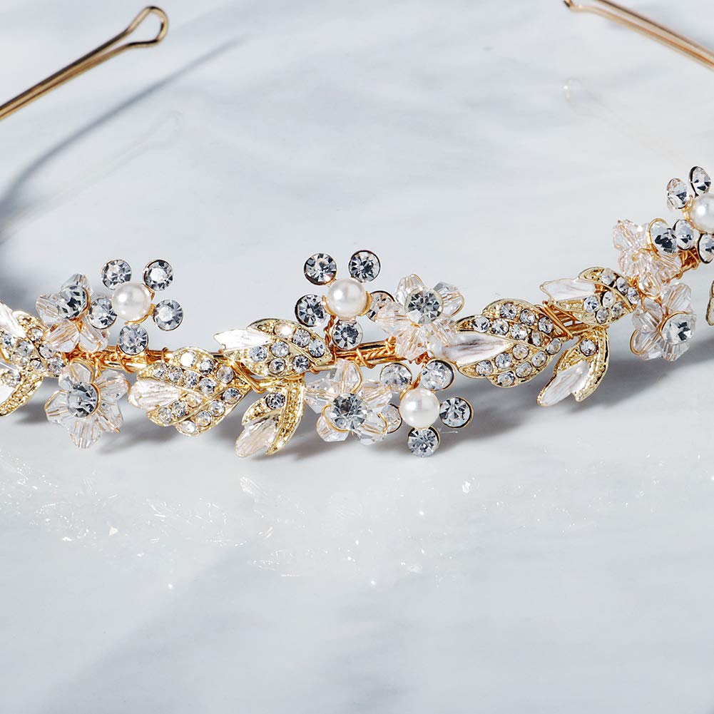 Oriamour Bridal headband Rhinestone Hair Band Bridal Headpieces for Bride Hair Jewelry Accessories (Gold) - Image 2
