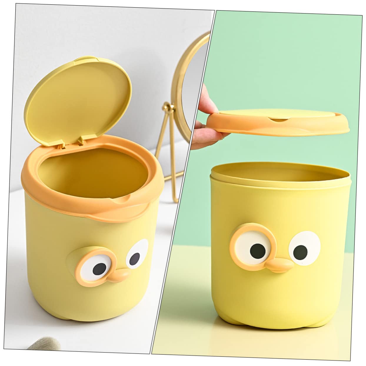 Cabilock Kleiner Cartoon Desktop Mülleimer Mit Deckel Tischmüllkorb Für Büro Und Zuhause Gelber Abfallbehälter Platzsparend Und Geruchshemmend