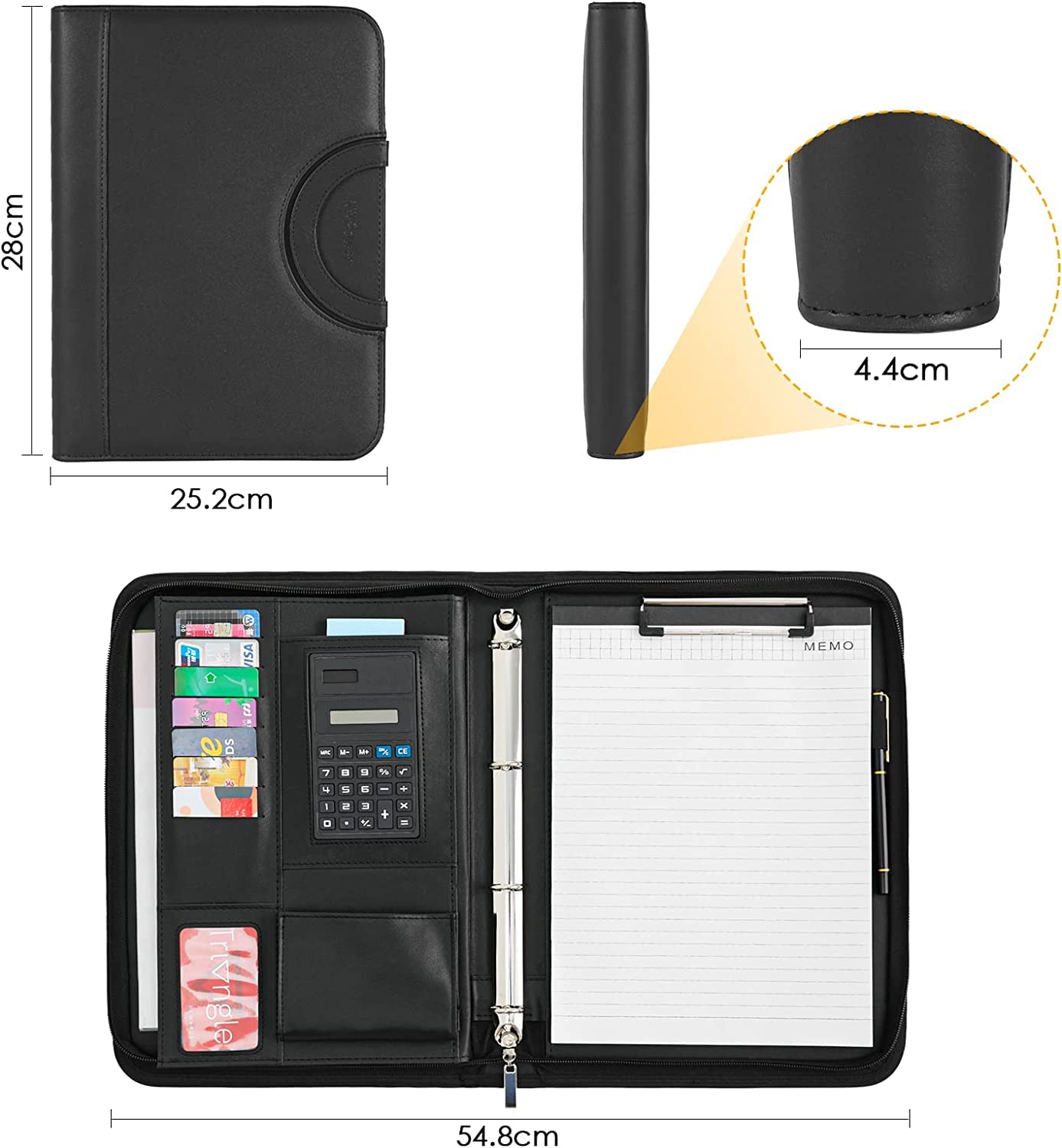 Porte-Document A4 Cuir avec Fermeture Éclair Étanche Classeur à Anneaux Noir