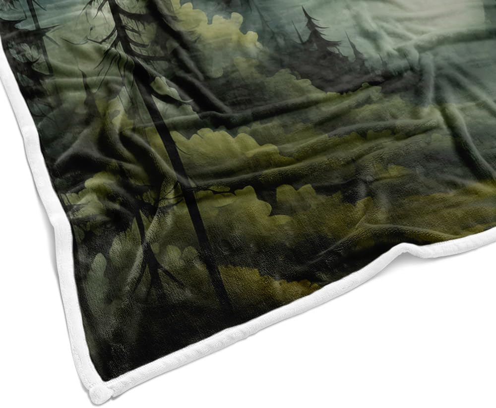Misty Forest Fleece Blanket - Soft, Warm Nature Mountain Throw Blanket with Forest Trees Art for Couch, Bedroom, Living Room - 60X70 Inch