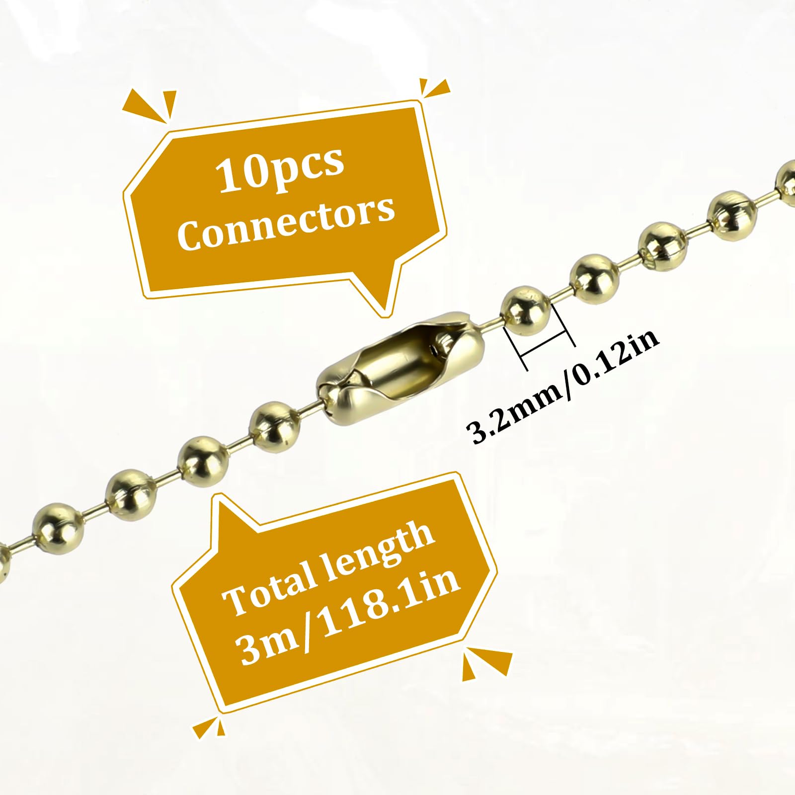 KALIONE Kugelperlenkette Gold Metallperlenkette Deckenventilator Zugkette 3.2mm Perlenrollo Zugkette Verlängerung Metallperlen Rollokette mit 10 Passenden Anschlüssen（3 Meter）