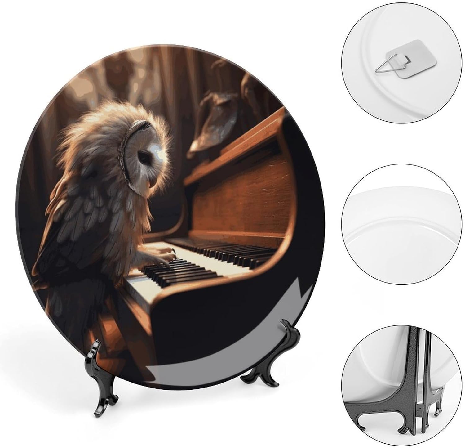 Owl Plays Piano Bone China Decorative Plate with Display Stand, Ceramic Ornaments Plate for Wall Hanging, Personalized Porcelain Plates for Office, Living Room 8inch