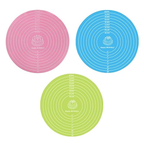 3 Pcs Silicone Cake Mats, 12 Inch Round Silicone Baking Mat with Measurements Reusable Non-Stick Non-Slip Heat Resistant Cookie Mat for Cake Turntable Pizza Dough Pastry Rolling (Pink, Blue, Green)