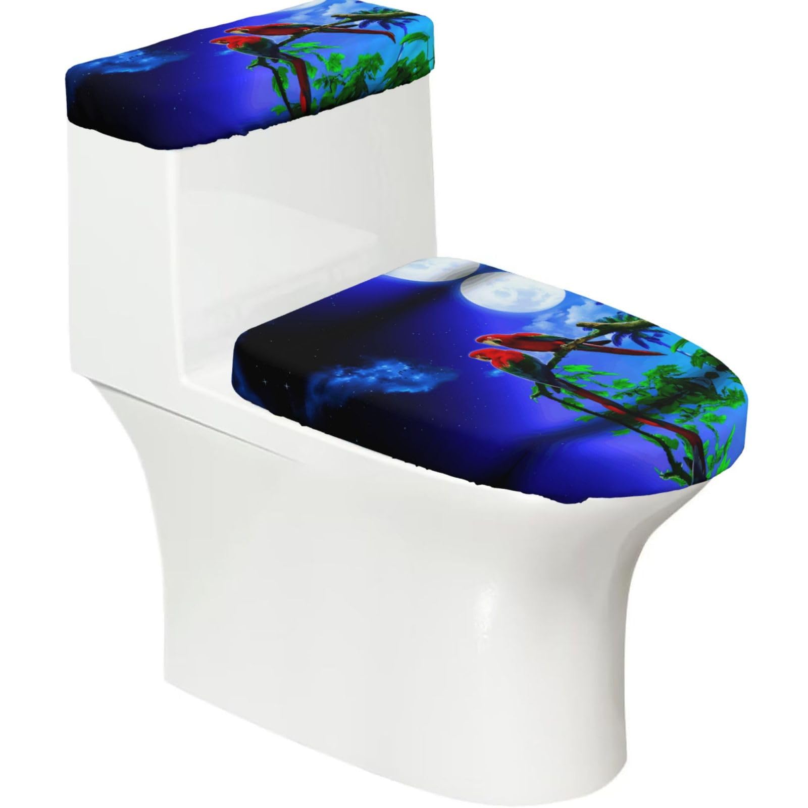 Parrot 2-Piece Toilet Seat Cover Set with Tank Lid - Elastic for U-Shape & Elongated - Bathroom Decor