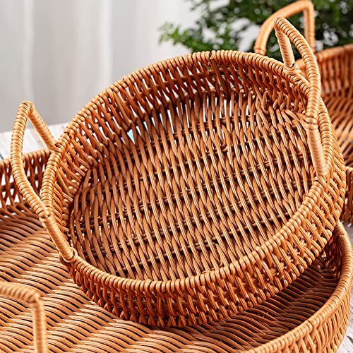 Cedilis 3 Pack Woven Serving Tray With Handles, Round Bread Serving Basket, Poly-Wicker Basket Tray, Decorative Imitation Rattan Fruit Tray For Serving Bread, Vegetable, Snack, 12Inch, 10Inch, 8Inch #TOP1