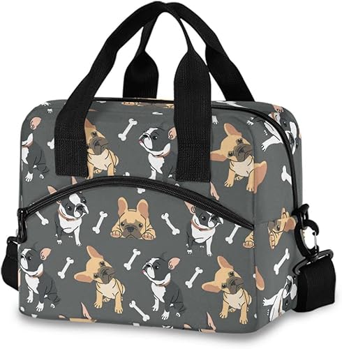 Bolsa de almuerzo portátil para cachorros Bulldog Francés Negro Marrón Bolsa de almuerzo con aislamiento Contenedor de alimentos Preparación de