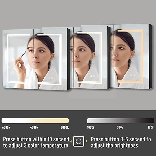 Miniatura 3 de Karl home Botiquín de baño de 2 puertas de 32 x 28 pulgadas con espejo LED armario de baño regulable montado en la pared de 3 colores con estantes