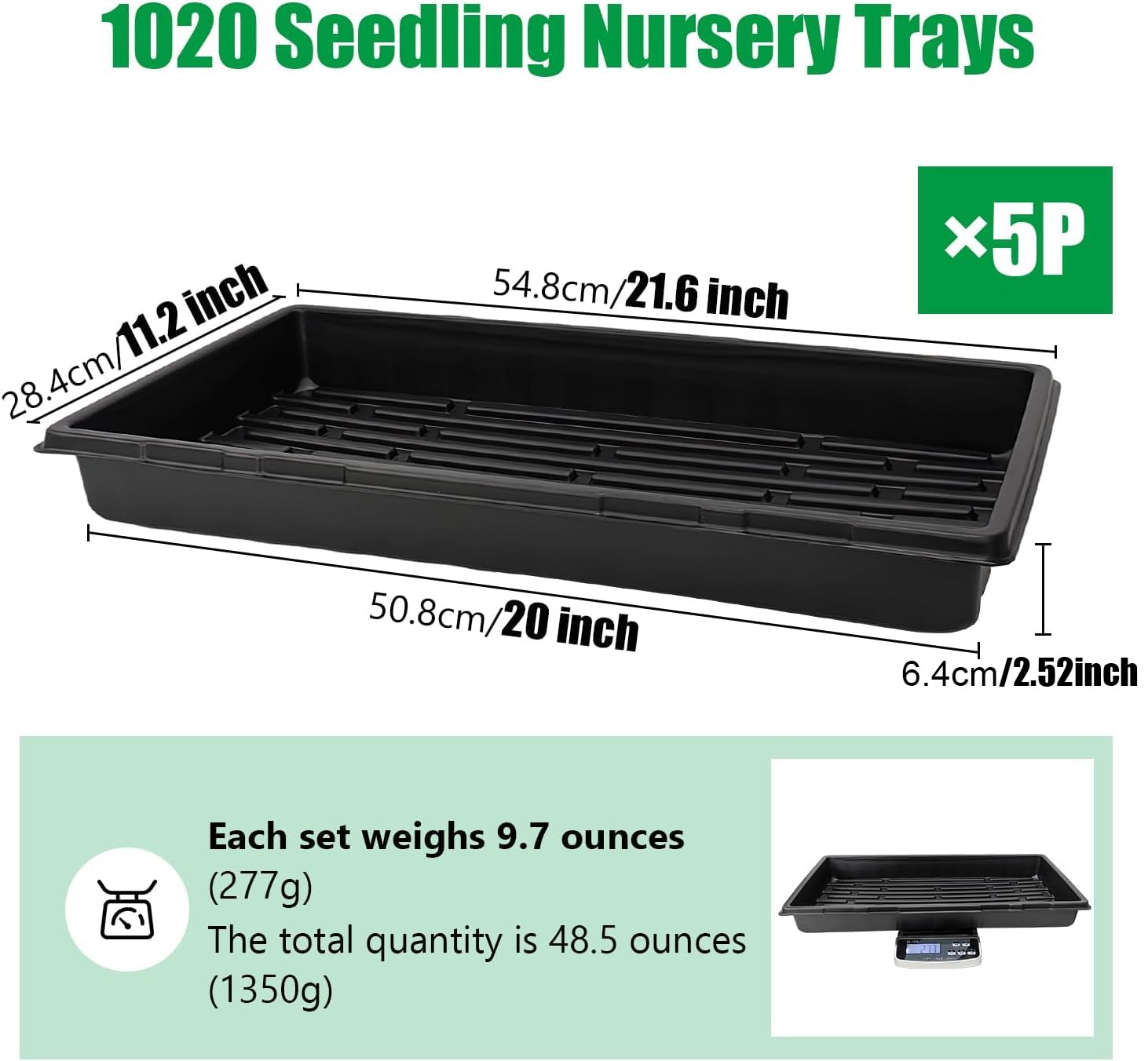 RooTrimmer Lot de 5 Plateaux de Culture en Plastique Robuste pour semis de semis - pour Plantes d'intérieur - Taille Standard : 5,9 cm - Noir Profond - 55,6 x 11,5 cm - sans Trous