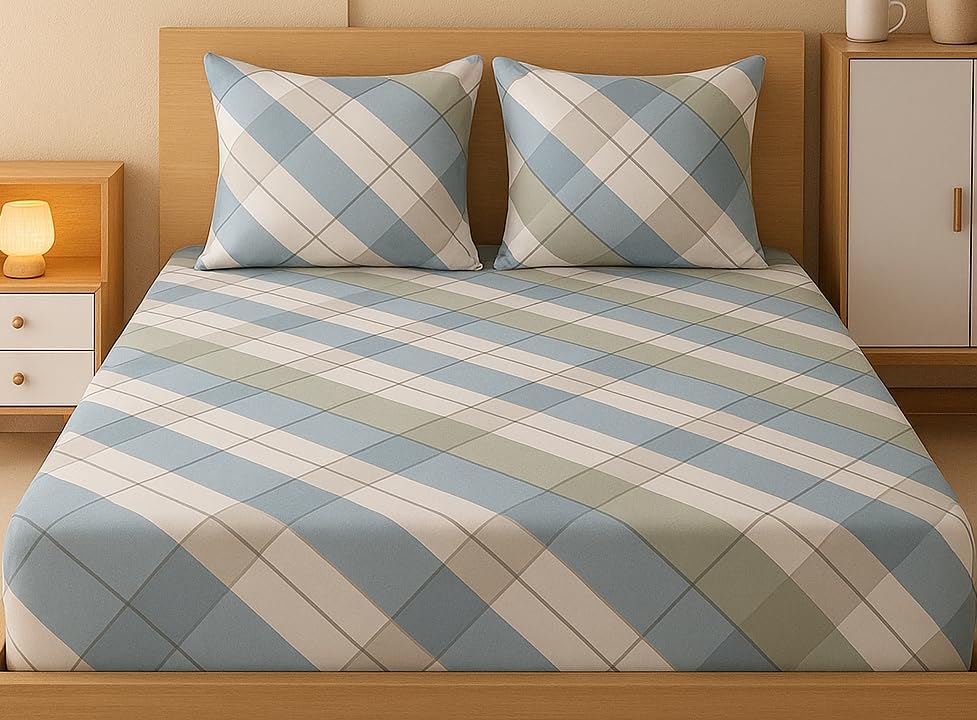 Image of 400 TC Cotton Feel Glace Cotton Double Bed Elastic Fitted Bedsheets Queen Size 78 x 60 Inches || 1 Elastic Bedsheet Queen Size Cotton & 2 Pillow Covers (Tokyo)