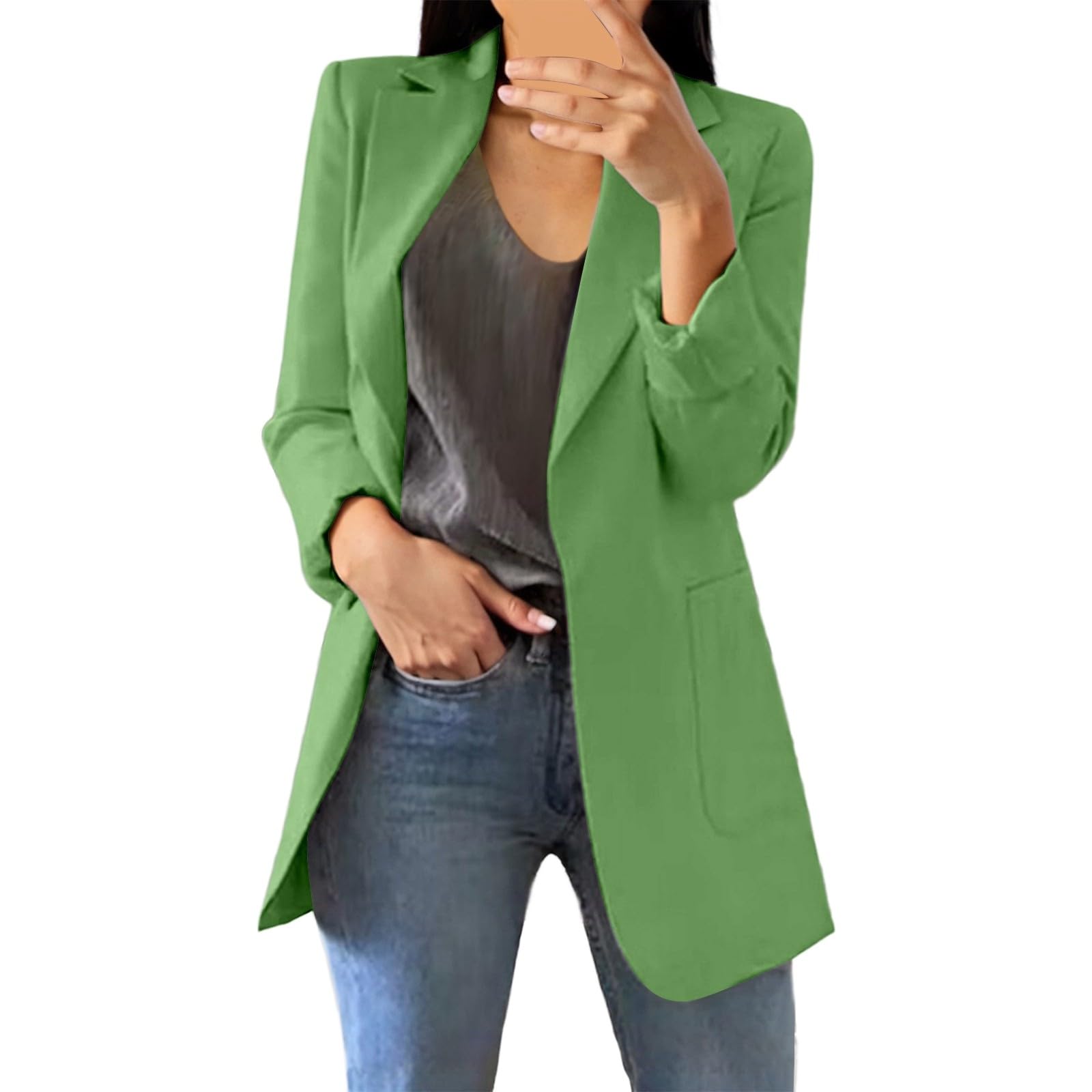 Long Blazers For Women Trendy Fall Business Casual 3 4 Sleeve Button Front Notch Lapel Lightweight Office Jackets