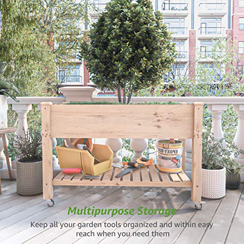 AMZFINE Heavy Duty Wooden Raised Garden Bed Kit with Lockable Wheels/Storage Shelf, Solid Wood Elevated Planter Box -48\" L x 24.5\" W x 32\" H, Natural