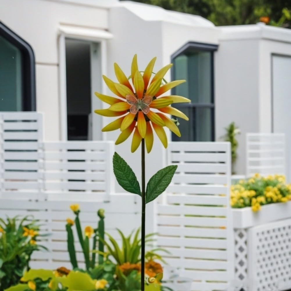 Girandola a vento in metallo, a energia solare, decorazione da giardino con luci, 89 cm, in acciaio, per esterni (giallo)
