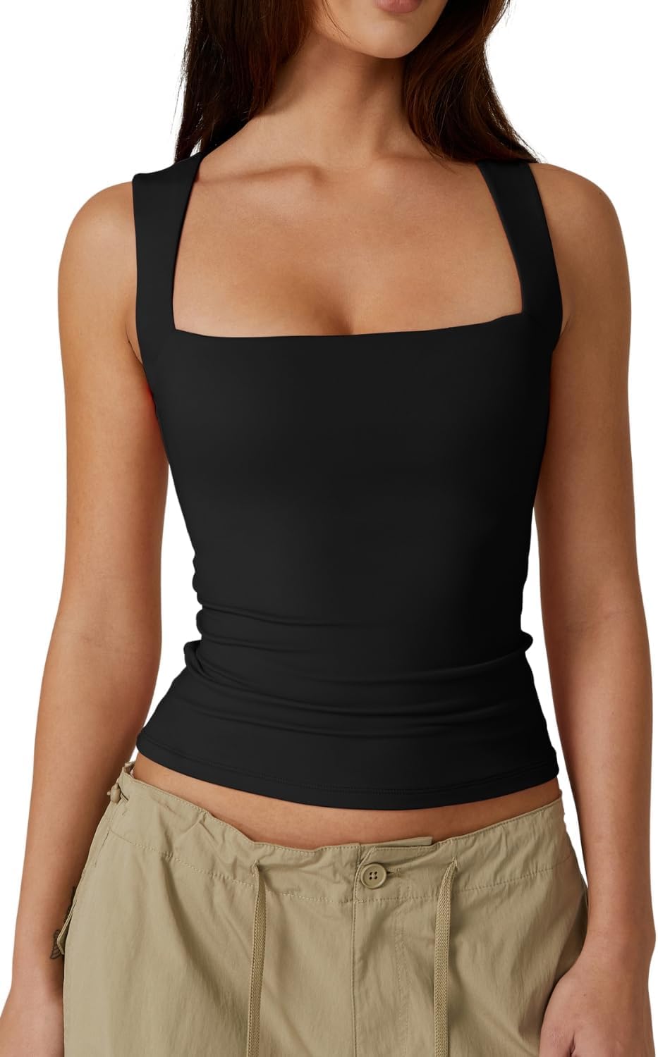 Women's Square Neck Double Lined Tank Tops Cute Summer Tops Seamless Slim Fit Basic Sleeveless Shirts Trendy Shirt