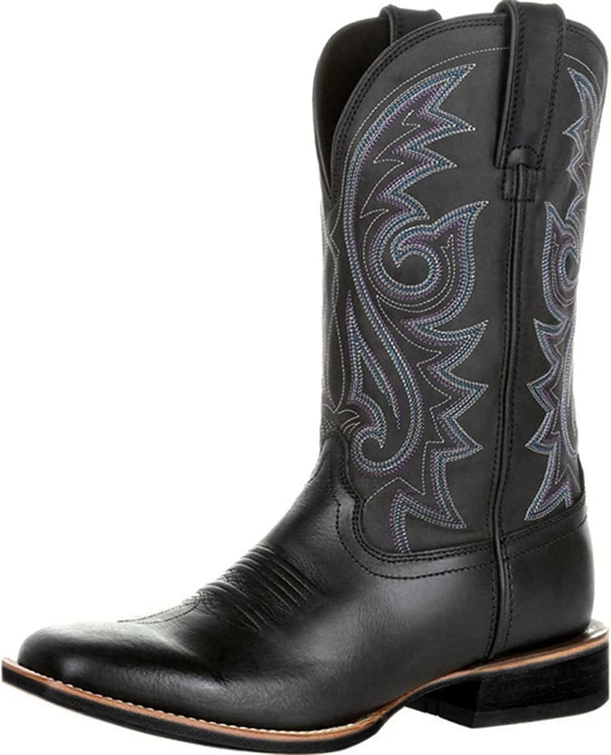 furlinkhm Western Cowboy Boots for Men,Western Square Toe Cowboy Boots Retro Leather Embroidery Casual Chunky Heel Wide Calf Pull On Boots