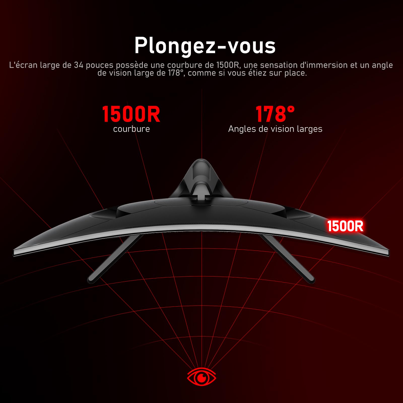 Gawfolk Écran PC Ultra Large 34 Pouces 1500R incurvé 180Hz Gaming Computer Moniteur,21:9 UWQHD(3440x1440)，128% sRGB，FreeSync，HDR，178 ° Angle Vue，DisplayPort、HDMI，VESA 75 * 75MM-Noir