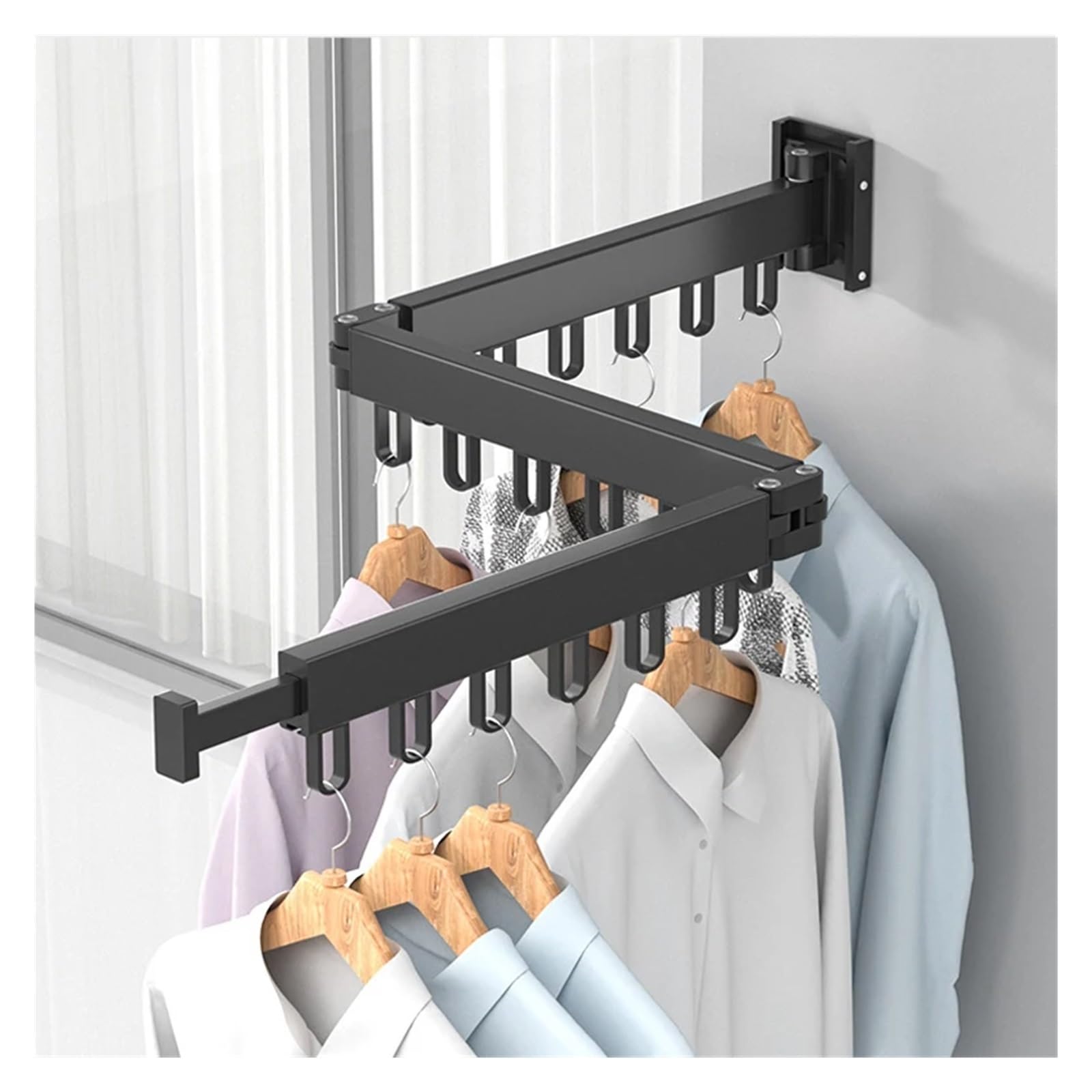 Ausziehbarer Stoff-Wäscheständer for den Innen- und Außenbereich, platzsparend, zusammenklappbarer Kleiderbügel, Wandmontage, Aluminium, Wäscheleine for Zuhause für Schlafzimmer, Balkon(3 rod black 18
