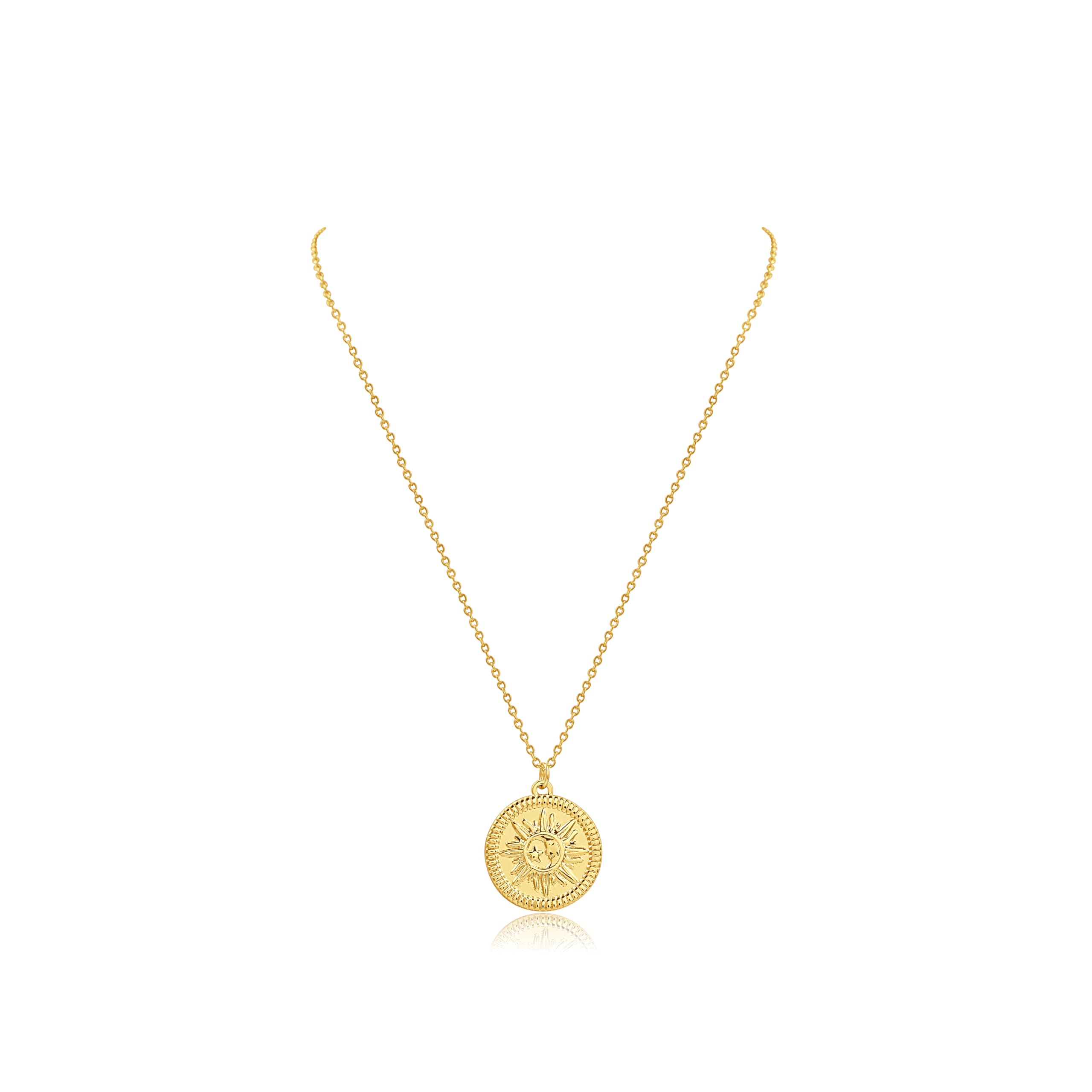 Designer Gold Tone Minimalist Necklace for Women, Celestial Round Sunburst Coin Pendant with Embossed Disk Medallion Design, Adjustable 44+5cm Delicate Chain Locket for , Office & Casual Styling, Waterproof Hypoallergenic Boho Layering Jewellery Gift for Girls & Ladies-image-5