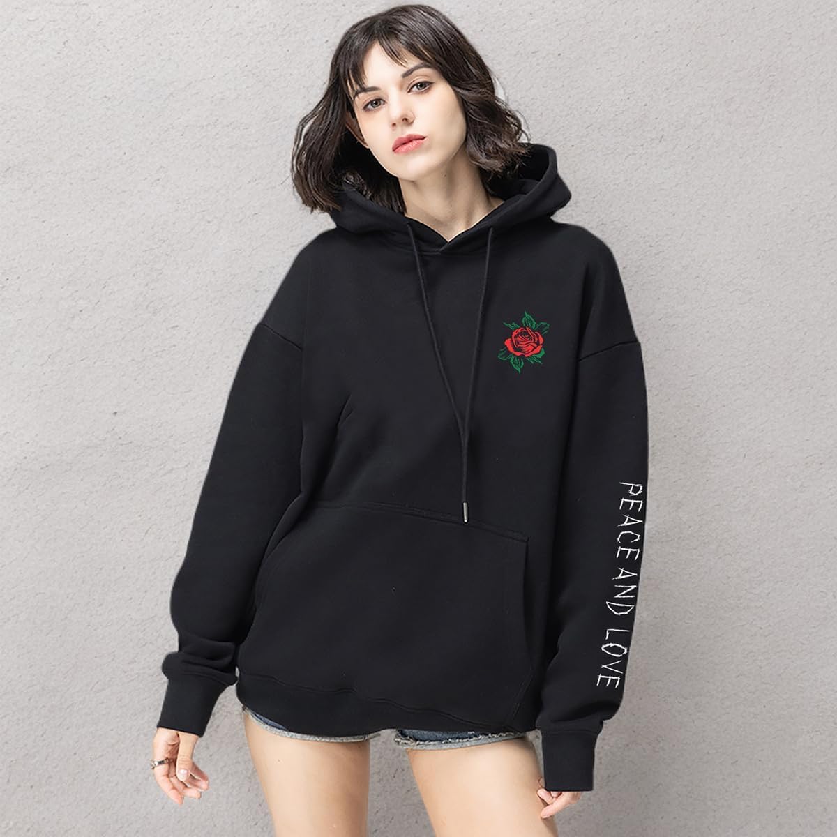 Unisex Rose Flower Embroidered Hoodie Letter Graphic Printed Fleece Pullover Hooded Sweatshirt - Image 7