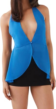 Women Y2k Sheer Mesh Halter Top Chiffon Open Front Split Hem Flowy Tank Tops Backless V-Neck See Through Cami Shirt
