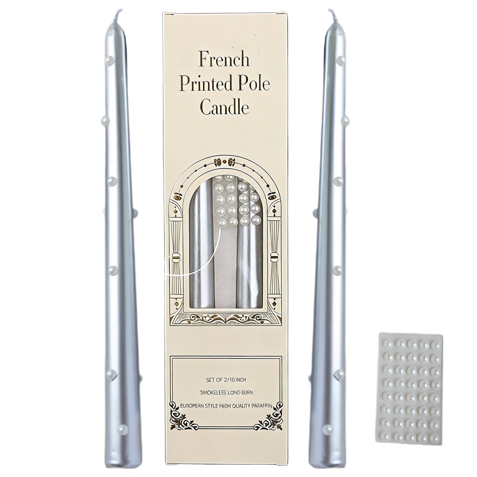 HUANYO 25cm Taper Candles - 2-Pack, Metallic Gold & Silver, Unscented Vegan Wax - 7 Hour Burn Time, Palm Oil Free, Decorative Household Candles,You can DIY Pearls (Silver)