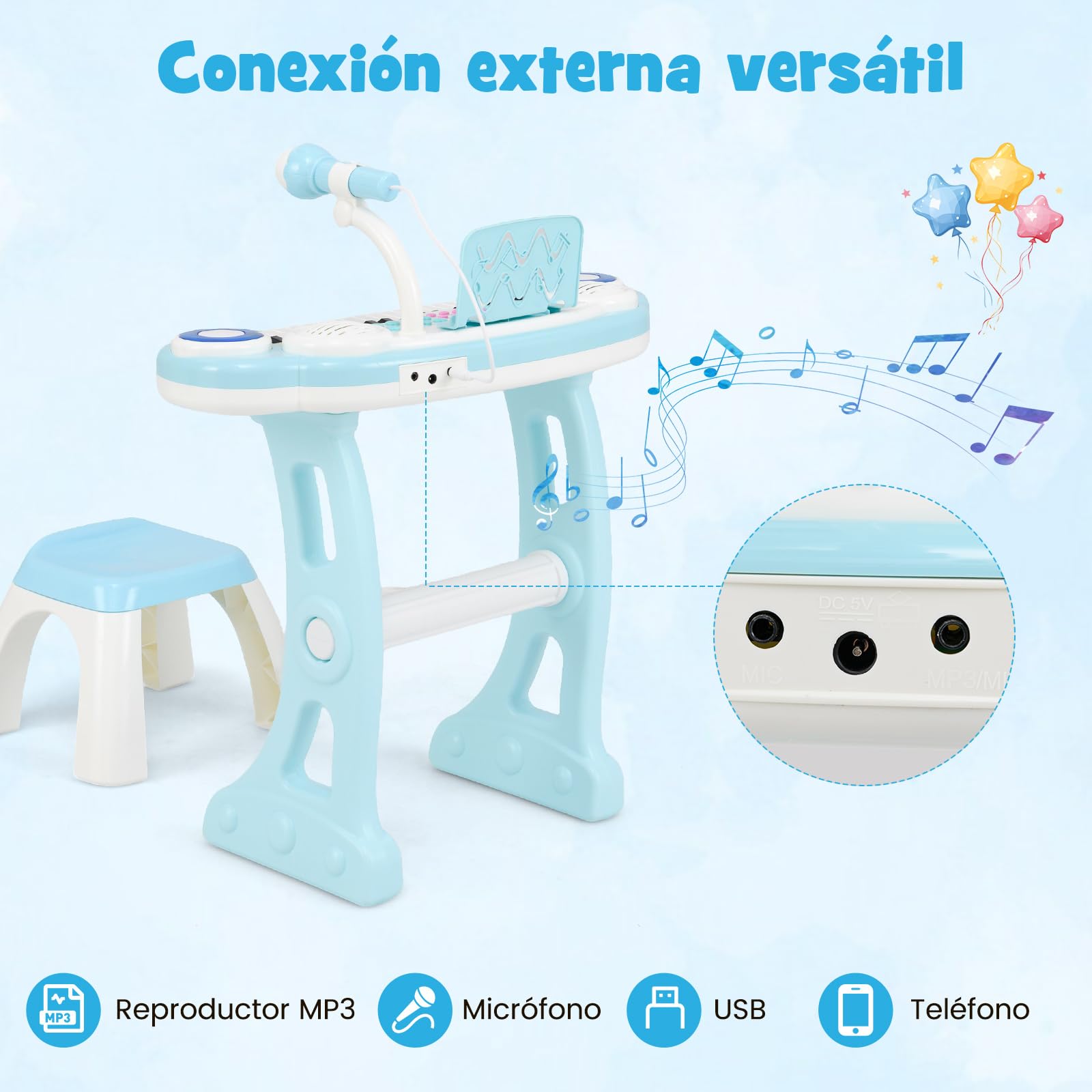 COSTWAY Piano Electrónico para Niños, Piano Infantil de 37 Teclas, Teclado de Piano con Patas Desmontables, Banquito, Micrófono Ajustable, 8 Ritmos y 8 Instrumentos (Azul)