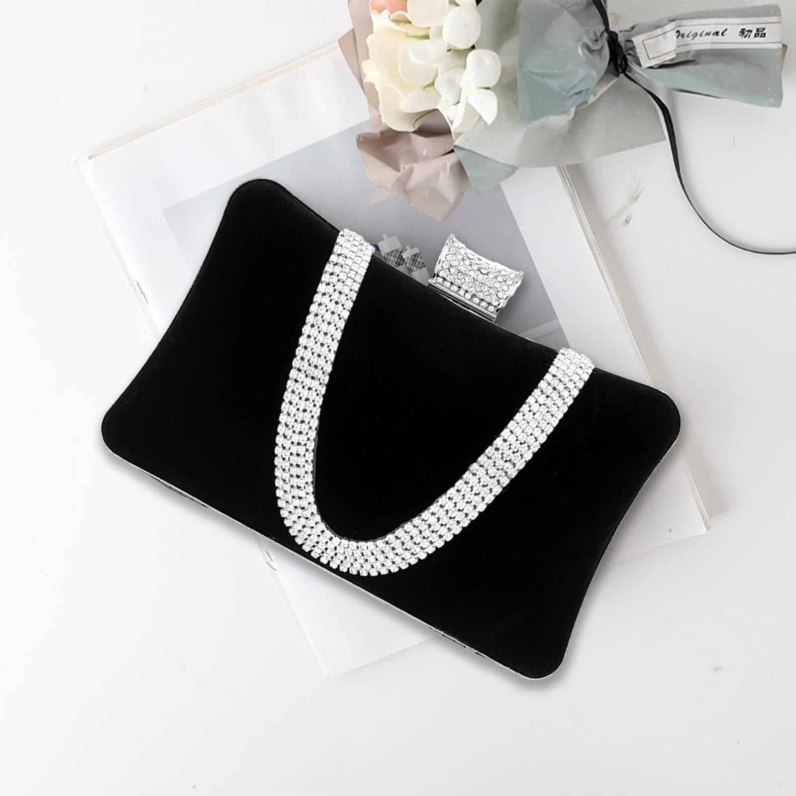 CORIOS Borsetta da Sera Donna Velluto Pochette Strass Cerimonia Clutch Borsa a Tracolla Borsa Sposa Pochette Piccolo con Catena Elegante Borse Messenger per Cocktail Festa Cerimonia Ballo Nero