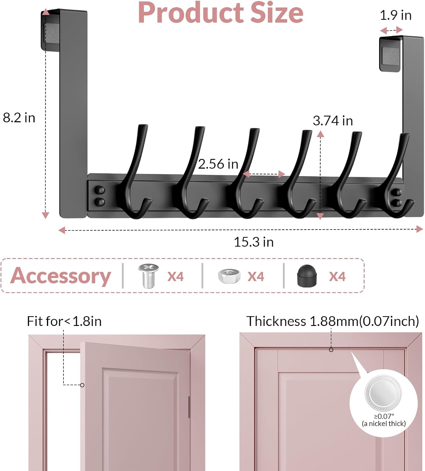 BAKON Over The Door Towel Rack with 6 Hooks, Heavy Duty Over Door Hooks for Hanging Clothes Coat Hat Jacket, Door Hanger Home Organizer for Bathroom Closet Bedroom Kitchen (1, Black)