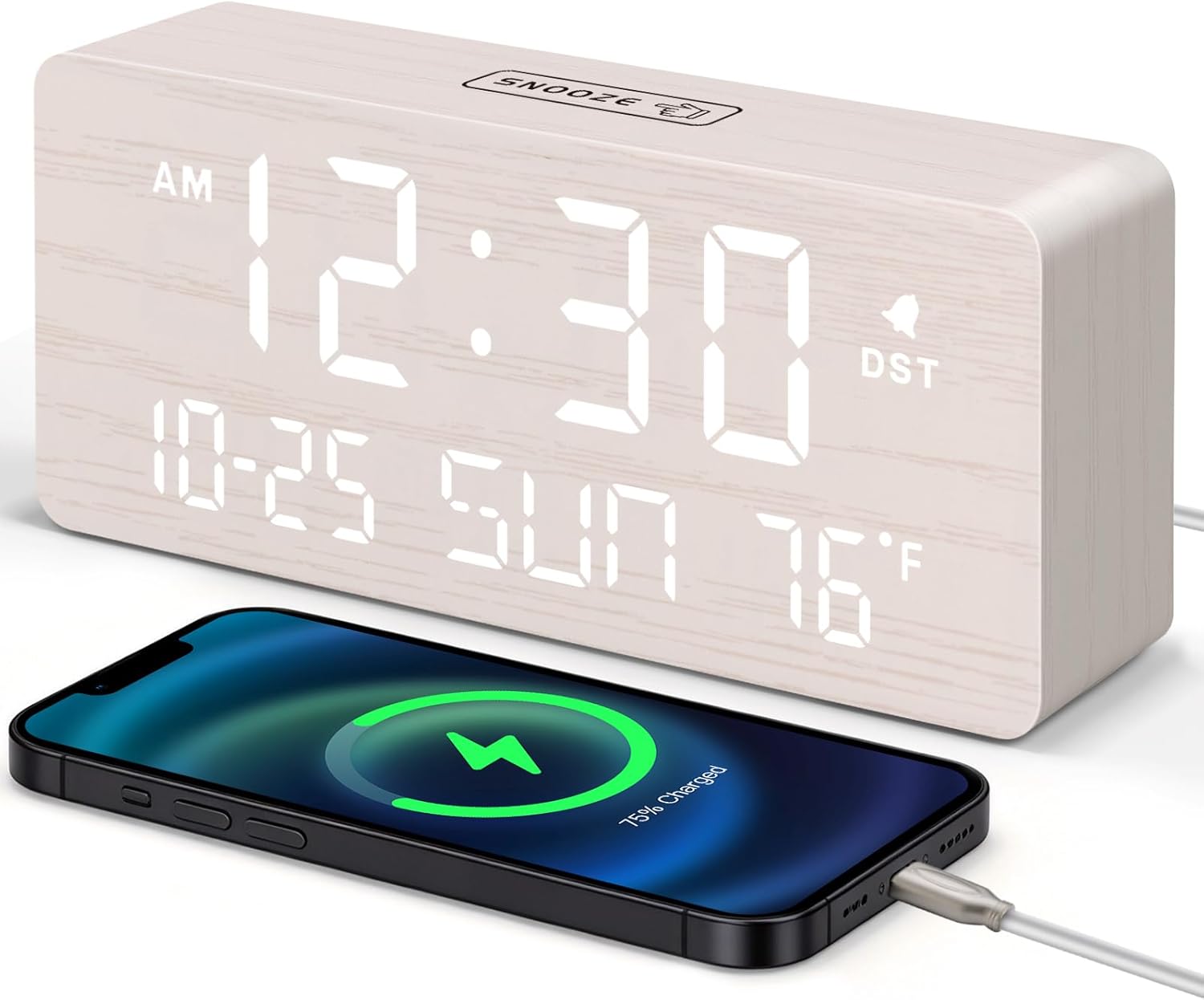 DreamSky Wooden Digital Alarm Clocks for Bedrooms - Living Room Desk Clock with Date and Day of Week, Temperature, USB Port, Dimmer Wheel, Adjustable Volume, Auto DST, Wood Decor for Office Table