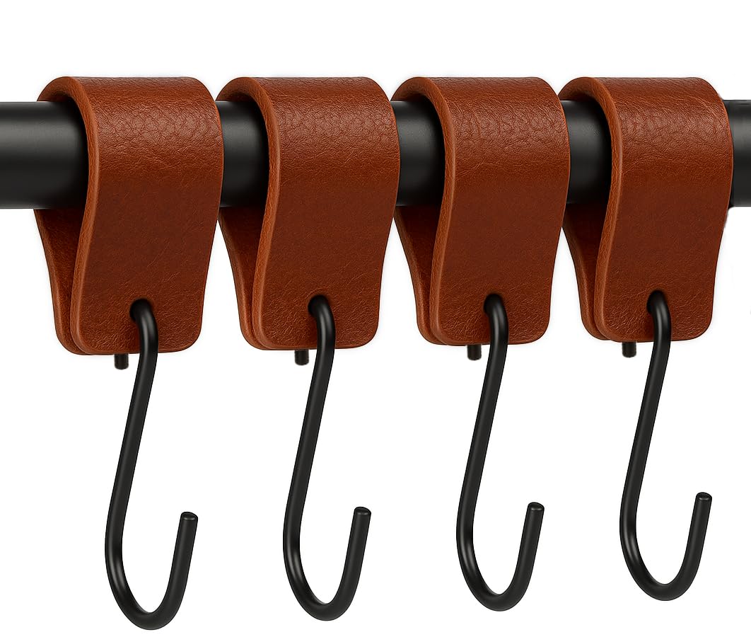 Brute Strength - Multifunctional Leather S-Hooks - Cognac - 4 Pieces - Coat Hook - for Kitchen, Bathroom, Bedroom and Office