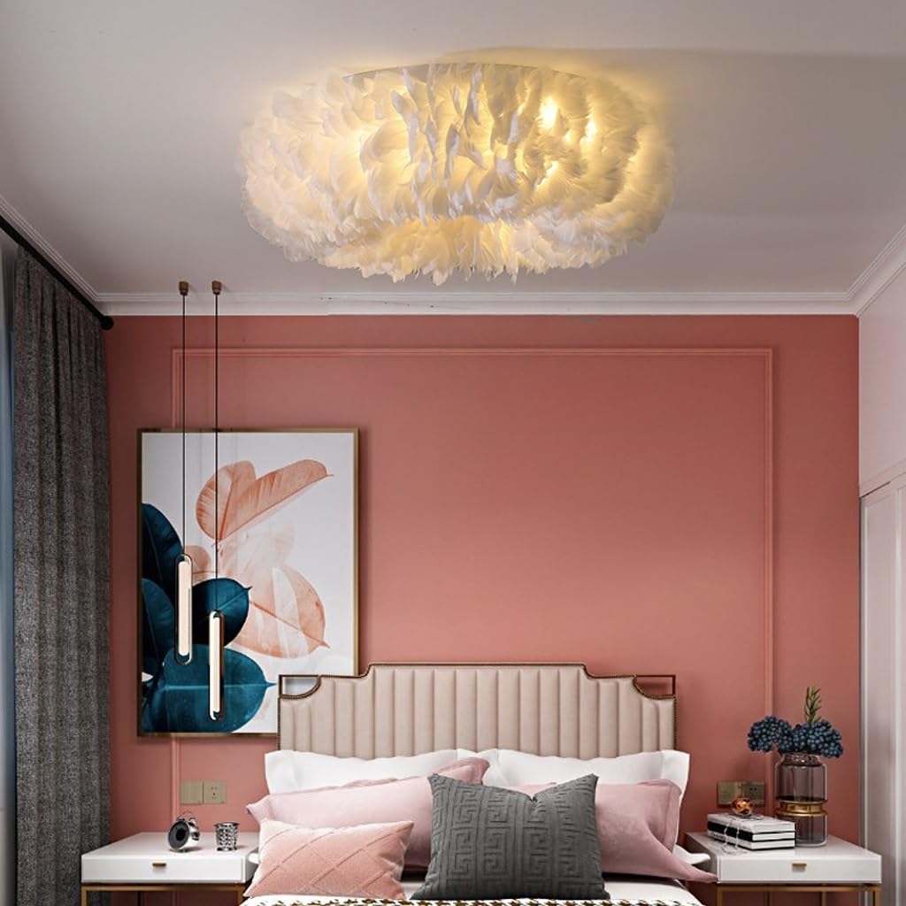 Lampa Sufitowa Nowoczesna Z Abażurem Z Białymi Piórami - Przytulna Aranżacja Ze Ściemniaczem E27 - Oświetlenie Sufitowe Do Sypialni/Salonu Dziecięcego - Stylowa Dekoracja Wnętrz Domowych & Resta