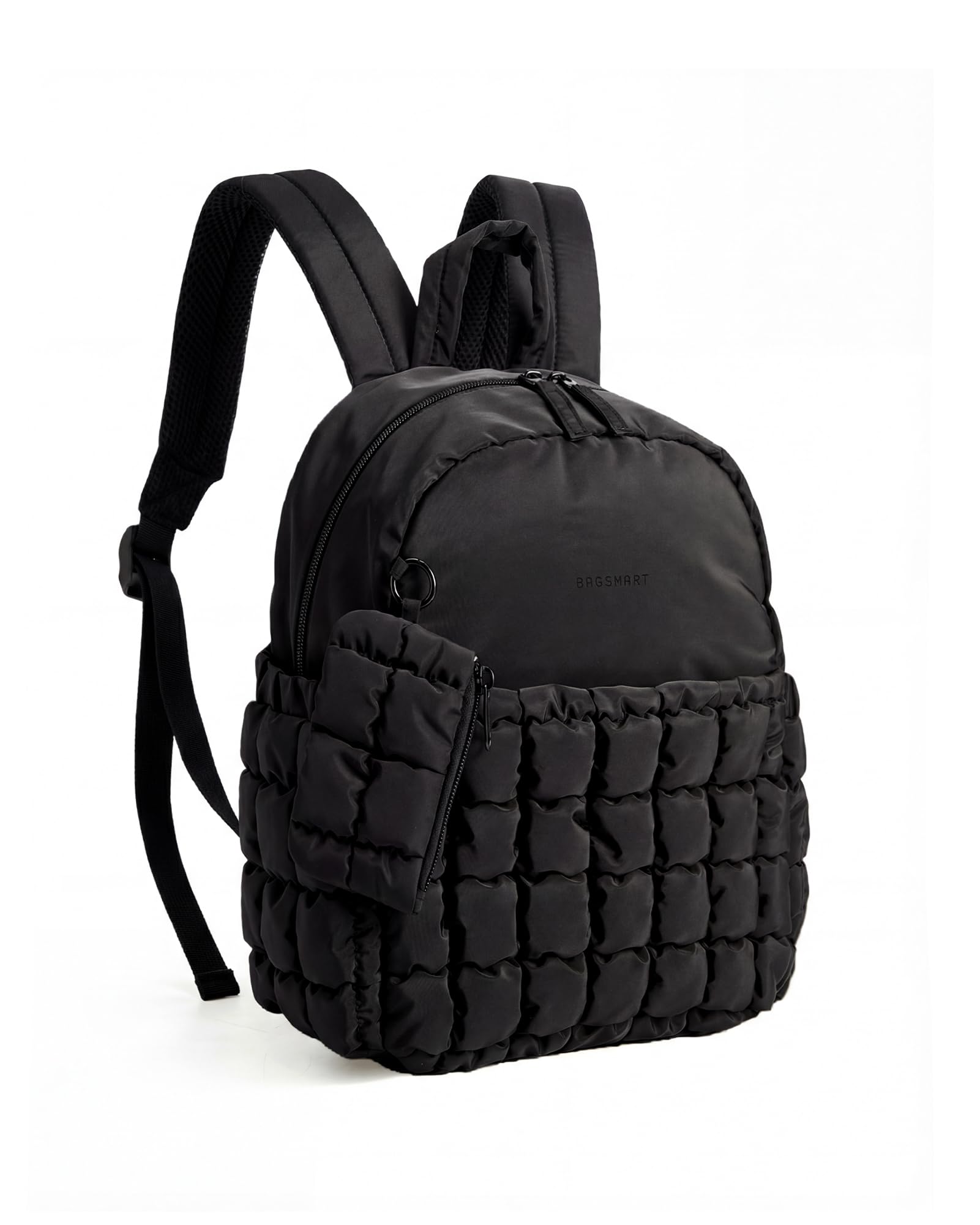 BAGSMART Mini Backpacks for Women, Puffy Checkered Quilted Small Backpack with Pouch, Lightweight Daypack Purse, Water-Resistant Bookbag for Daily Travel College, 2-in-1 Set, Black - 2