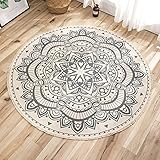 HASUNY Weben Teppich Rund Baumwollteppich Mandala rutschfest Teppich Mit Quasten Ideal Für Wohnzimmer Büro Schlafzimmer Kinderzimmer,Beige,90cm