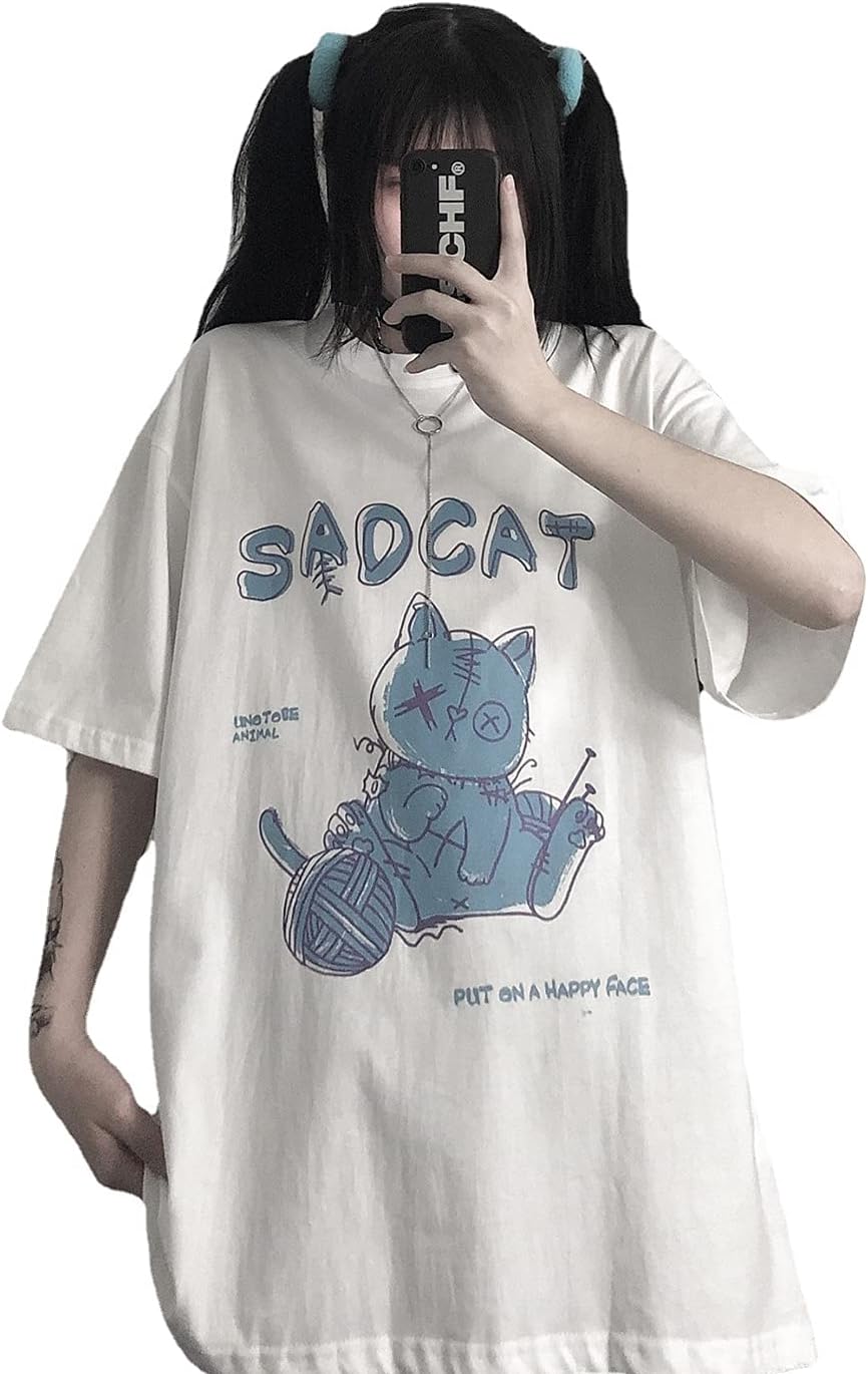 Women's Goth T-Shirt Summer Graphic Harajuku Gothic Creepy Cat Print Novelty Short Sleeve Top - Image 4