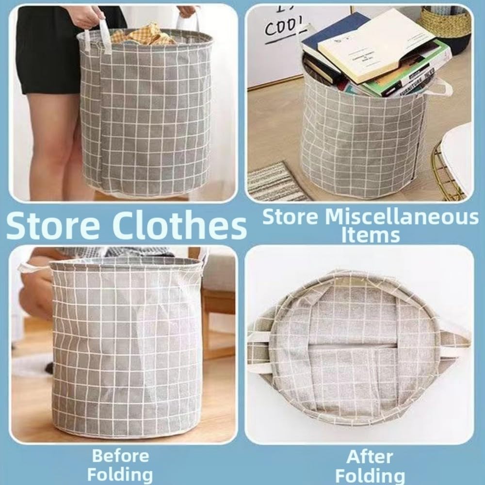 Waterproof Linen Laundry Basket | Foldable Clothes & Miscellaneous Storage Bin, Large Round Laundry Hamper for Home 308-1