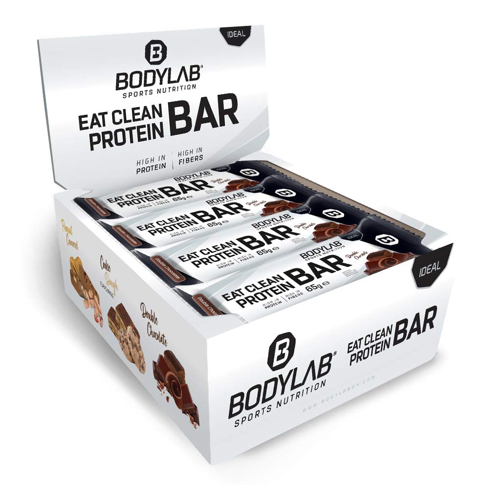 Bodylab24 Eat Clean Protein Bar 12 x 65g / Protein-Riegel mit wertvollen Ballaststoffen / 20g Eiweiß pro Riegel / Leckerer Eiweißriegel für Fitness, Sport und unterwegs / Double Choco