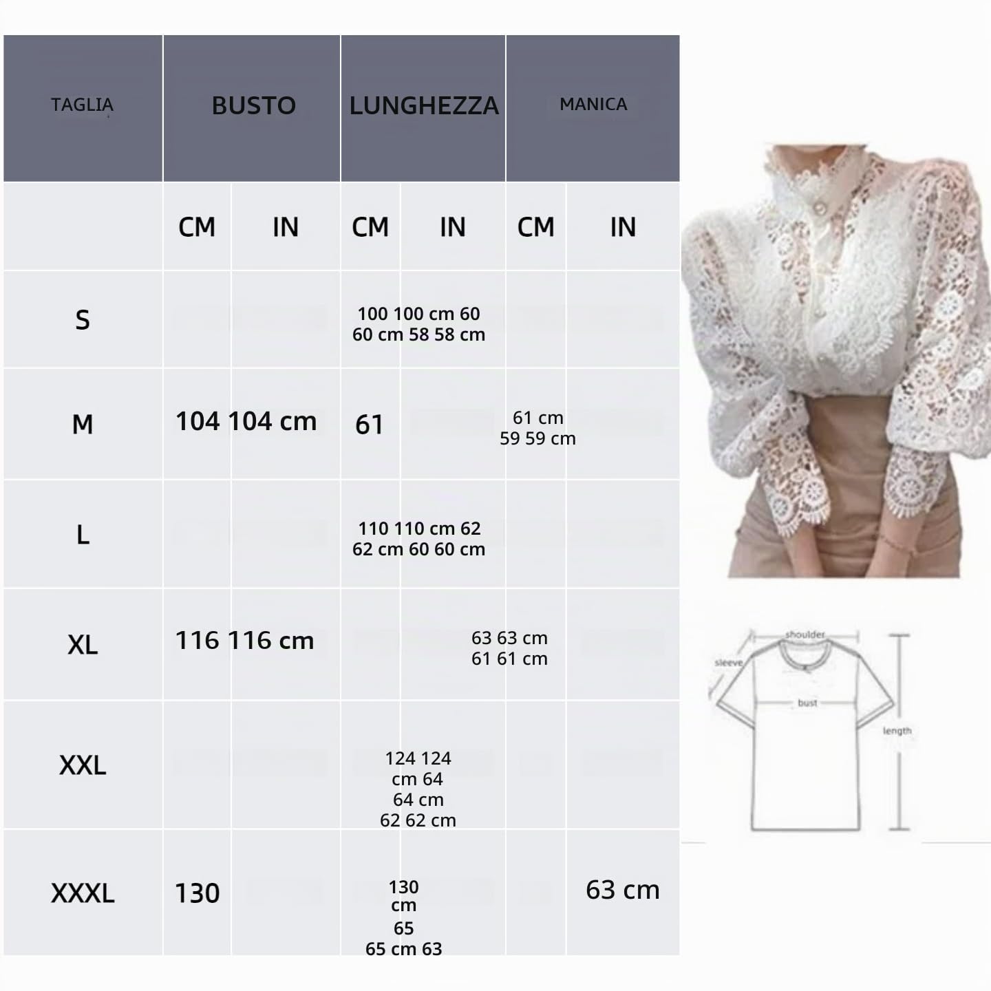 Camicetta da donna elegante in pizzo casual, stile vittoriano, camicetta a maniche lunghe con bottoni