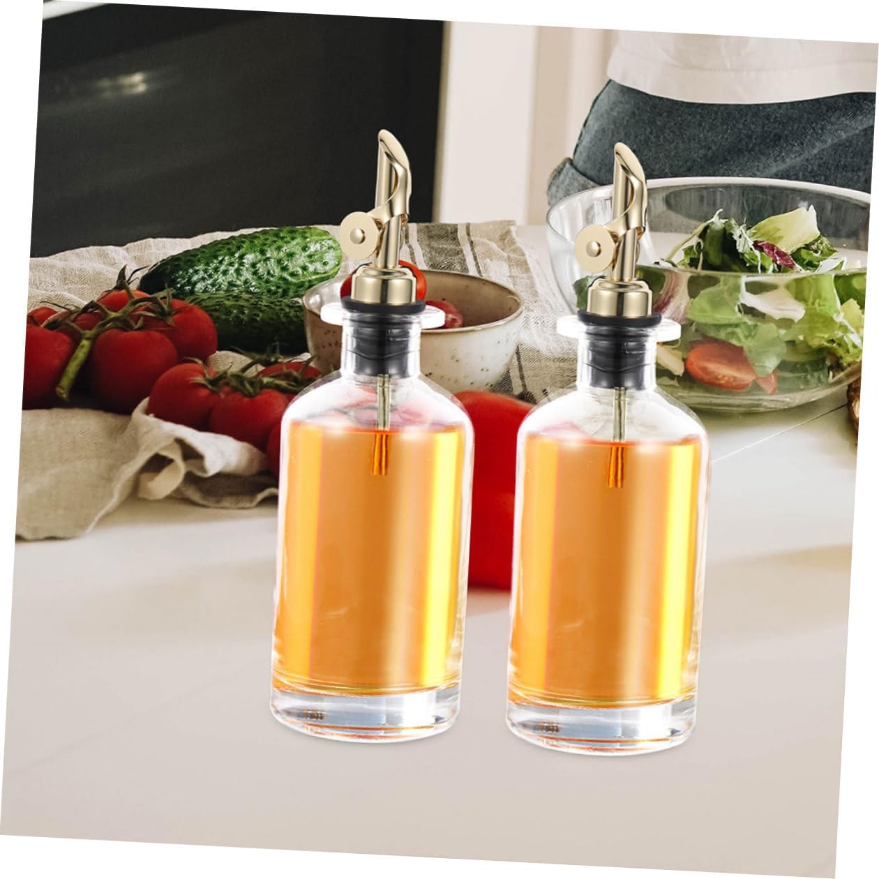 2pcs 500ml Glass Oil and Soy Sauce Dispenser Bottles with Automatic Open-close Pourer, Kitchen Seasoning Holder for Vinegar and Olive Oil, Gold Set with Protective Foam Box