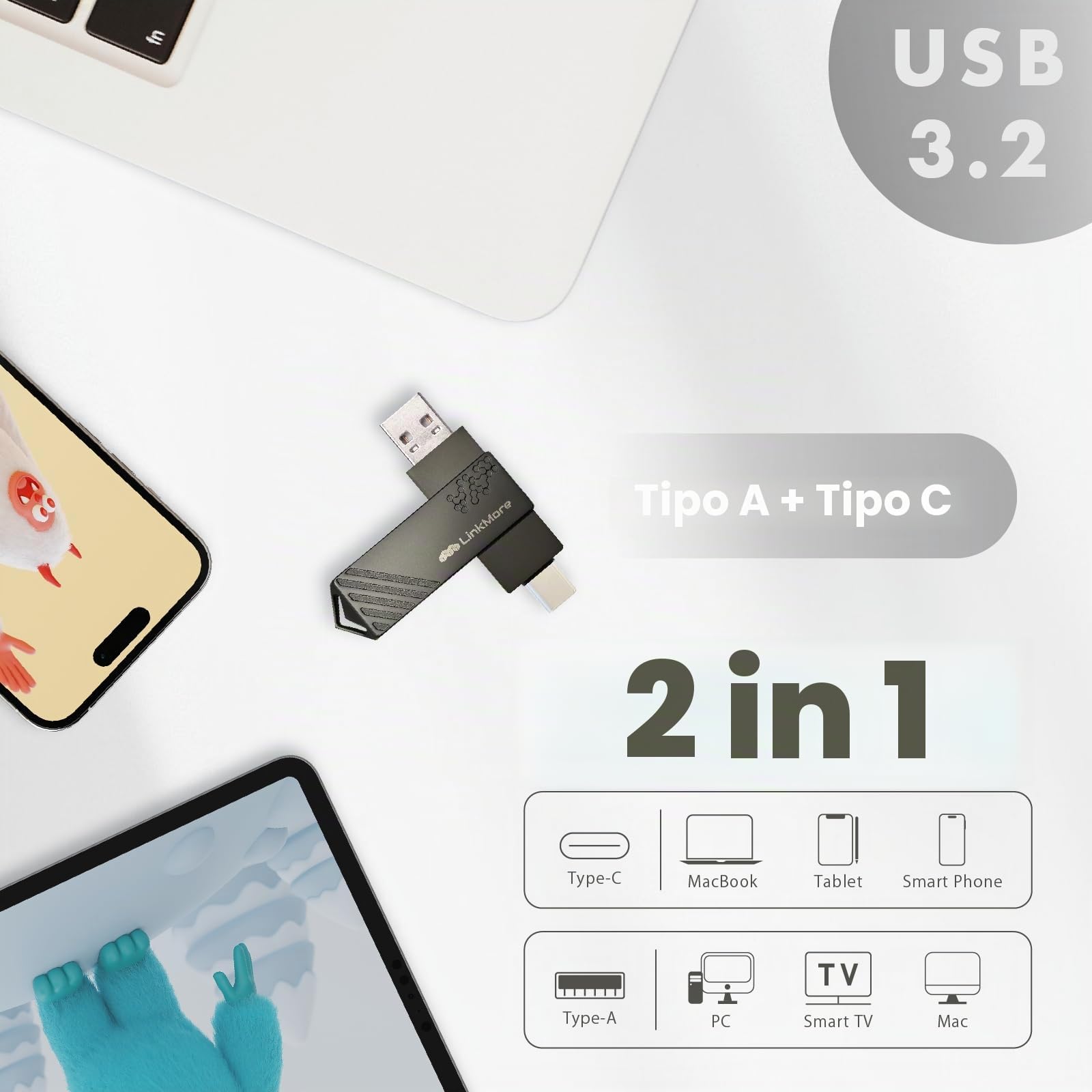 Linkmore 256 GB Dual Drive, TipoC Chiavetta USB, velocità fino a 150 MB/s, connettori USB tipo C e A reversibili, per smartphone, tablet, Mac e PC