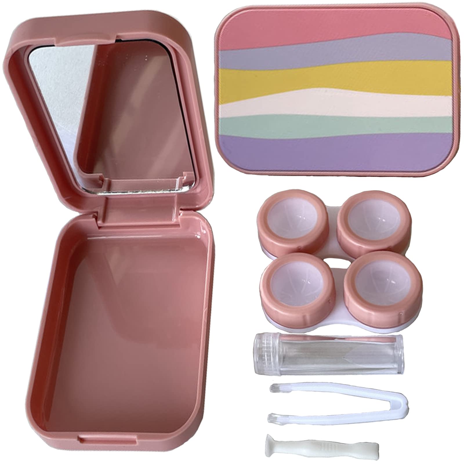 Xeahung Pink Contact Lens Case Travel Kit Portable Contact Case with Mirror Tweezers Remover Tool Solution Bottle for