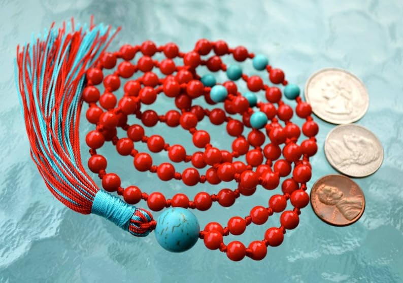 Cuentas Mala de piedra turquesa de coral rojo, collar de 108 mala, nudo mala, collar WWG, joyería de yoga, cuentas de meditación, joyería espiritual, joyería bohemia, 34inch, Gema