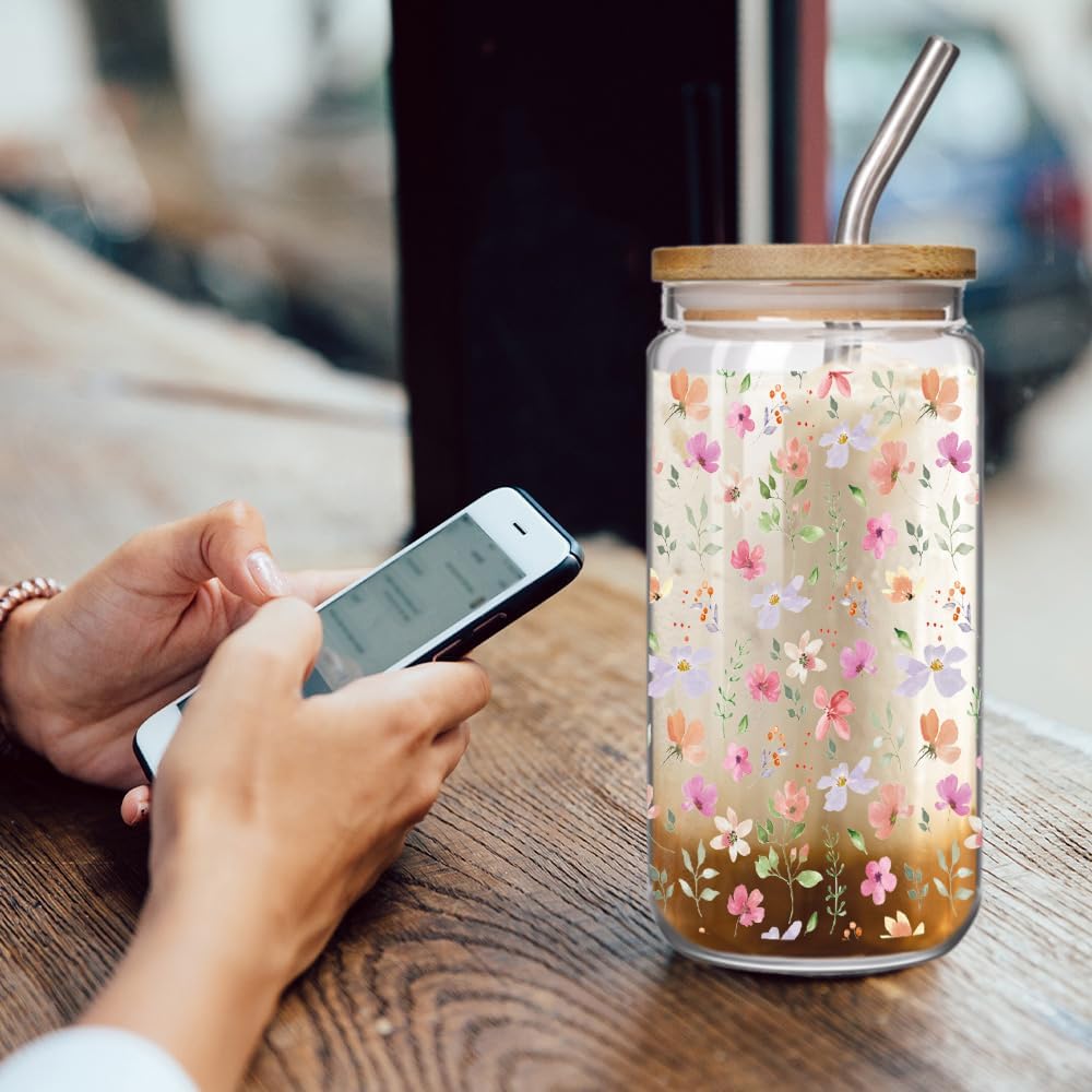 Wildflower Floral 16oz Glass Drinking Cup with Bamboo Lid Christian Gifts for Women Mother, Cute Flower Drinking Glass Gifts for Bestie Mother Birthday Bridesmaid Party - Image 5