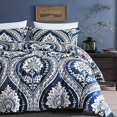 Bedduvit Navy Duvet Cover King Size - Navy Blue Damask King Duvet Cover Set,Breathable Minimalism Damask Patterned Duvet Cover King Sets with 2 Pillow Shams