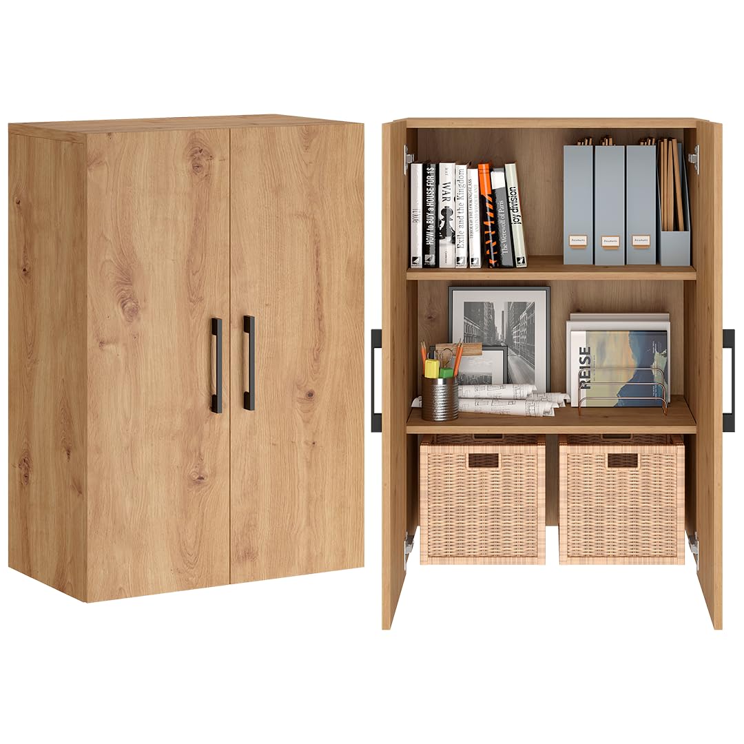 Bellamio Apol Büroschrank 60 cm, mit 3 Fächern, Eichenoptik | Aktenschrank aus Holz, kleines Bücherregal mit 2 Türen für Flur/Wohnzimmer/Büro, Aufbewahrungsschrank