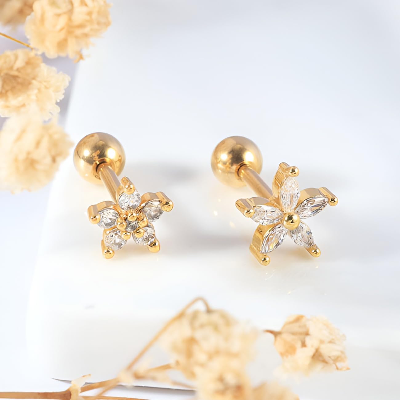 Stainless Steel Zircon Flower Stud Earring 1 Pair Screw Back Earrings Hypoallergenic Screwback Cartilage Jewellery for Sensitive Ears Women Ladies Tragus Helix Jewelry Aretes De Mujer - Image 5