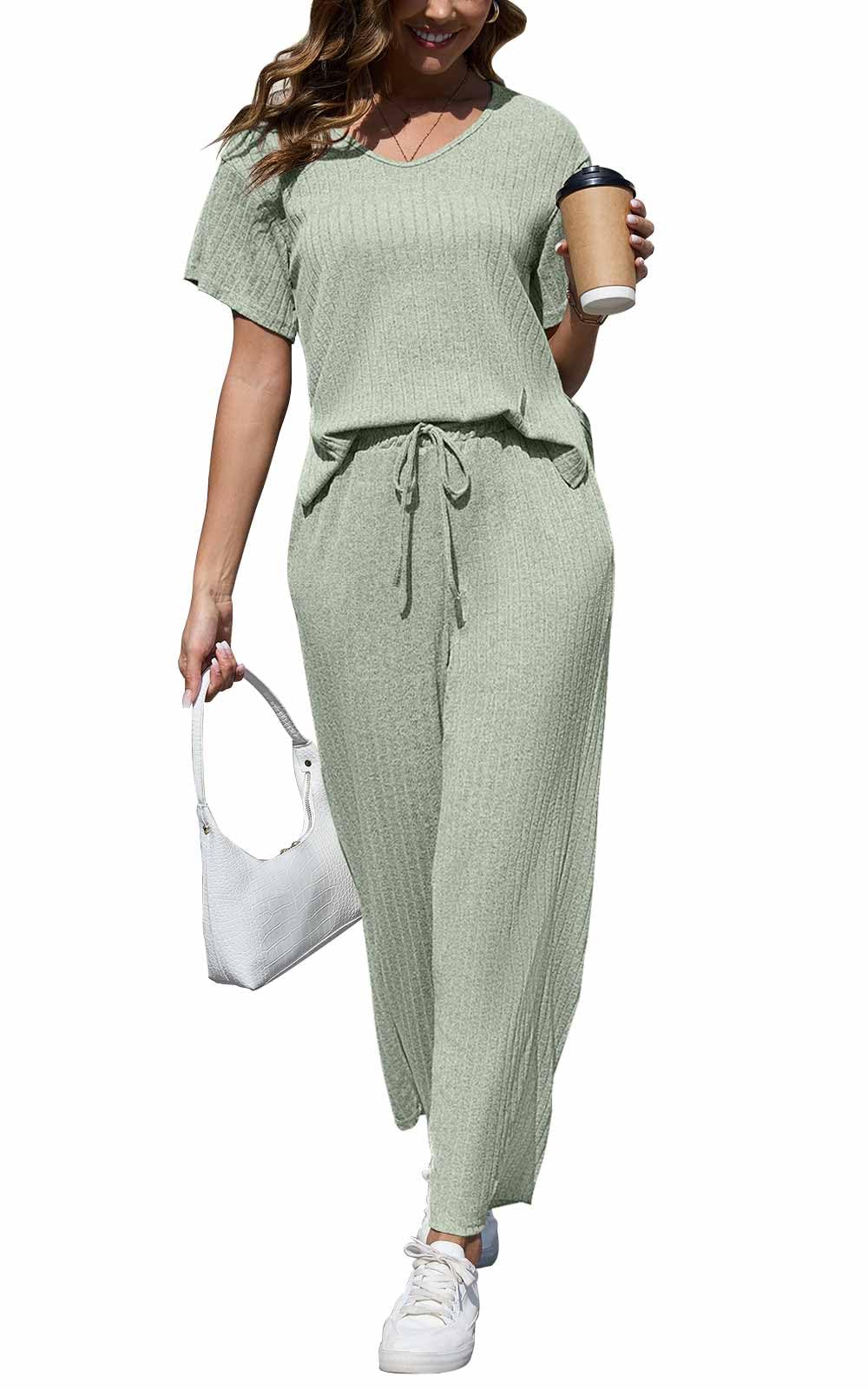 CheChury Ensemble Femme Pantalon et Haut Fluide 2 Pièces Manches Courtes Top Pantalon avec Poches Ensemble Deux Pièces Loungewear Casual Outfit Été Automne Survêtement Suit