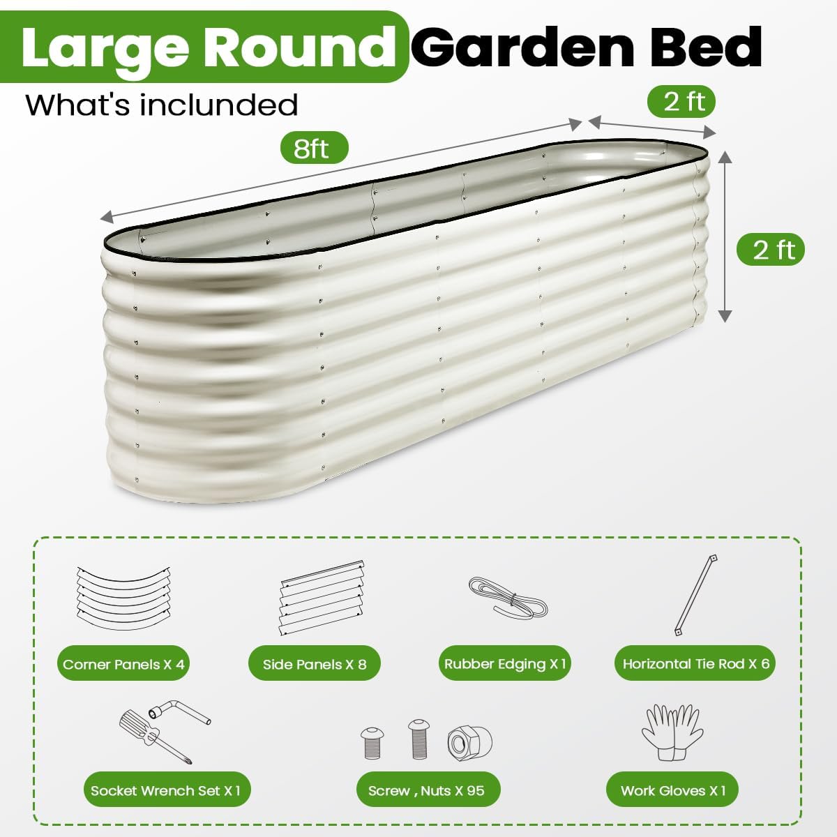 Raised Garden Bed 8x2x2FT, Galvanized Metal Raised Bed Outdoor Planter Box, Deep Root Large Planter Bed for Vegetables, Flowers, Herbs, and Succulents(Pearl White)