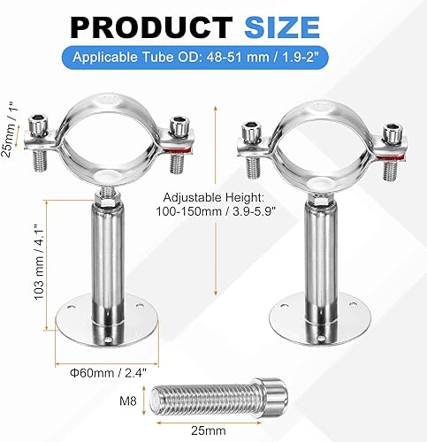 Miniatura 2 de HARFINGTON 2 Set Wall Mount Ceiling Mount Pipe Supports 304 Stainless Steel Adjustable Pipe Bracket Clamp with Screw for OD Pipe 1.9"-2" (48-51mm)